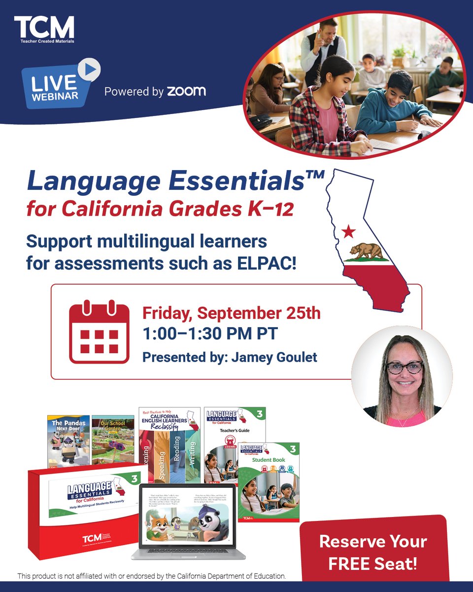 tcmpub's tweet photo. California ELL educators! Looking for strategies to support multilingual learners? 

Join a FREE 30-min webinar on Language Essentials for California. 

📅 Sept 25, 2026 | 1:00 PM PT 

Register now: https://t.co/1ChDWaiCsM https://t.co/TIpGO5WpVC