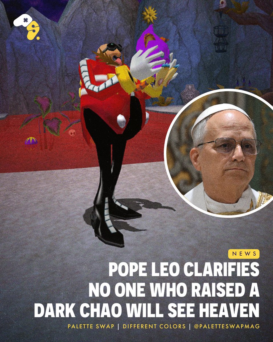 PaletteSwapMag's tweet photo. Gamers who raised a Dark Chao in Sonic Adventure 2 Battle will not be admitted to heaven, according to the pope. https://t.co/hKCkuPXiH6