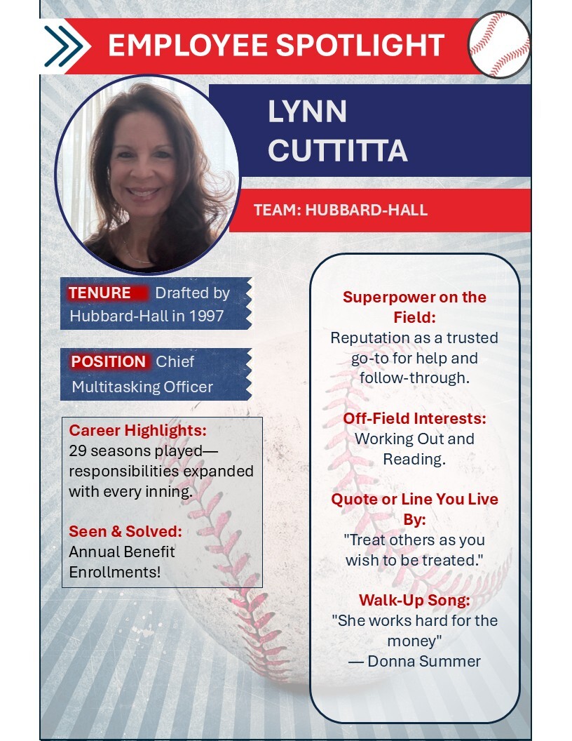HubbHallInc's tweet photo. Stepping up to the plate: Lynn Cuttitta⚾
A trusted go-to across Hubbard-Hall, Lynn helps people, keeps things moving, and follows through when it matters.
Her title says it best: Chief Multitasking Officer.
#EmployeeSpotlight #HubbardHall https://t.co/sZKaUFlpe7