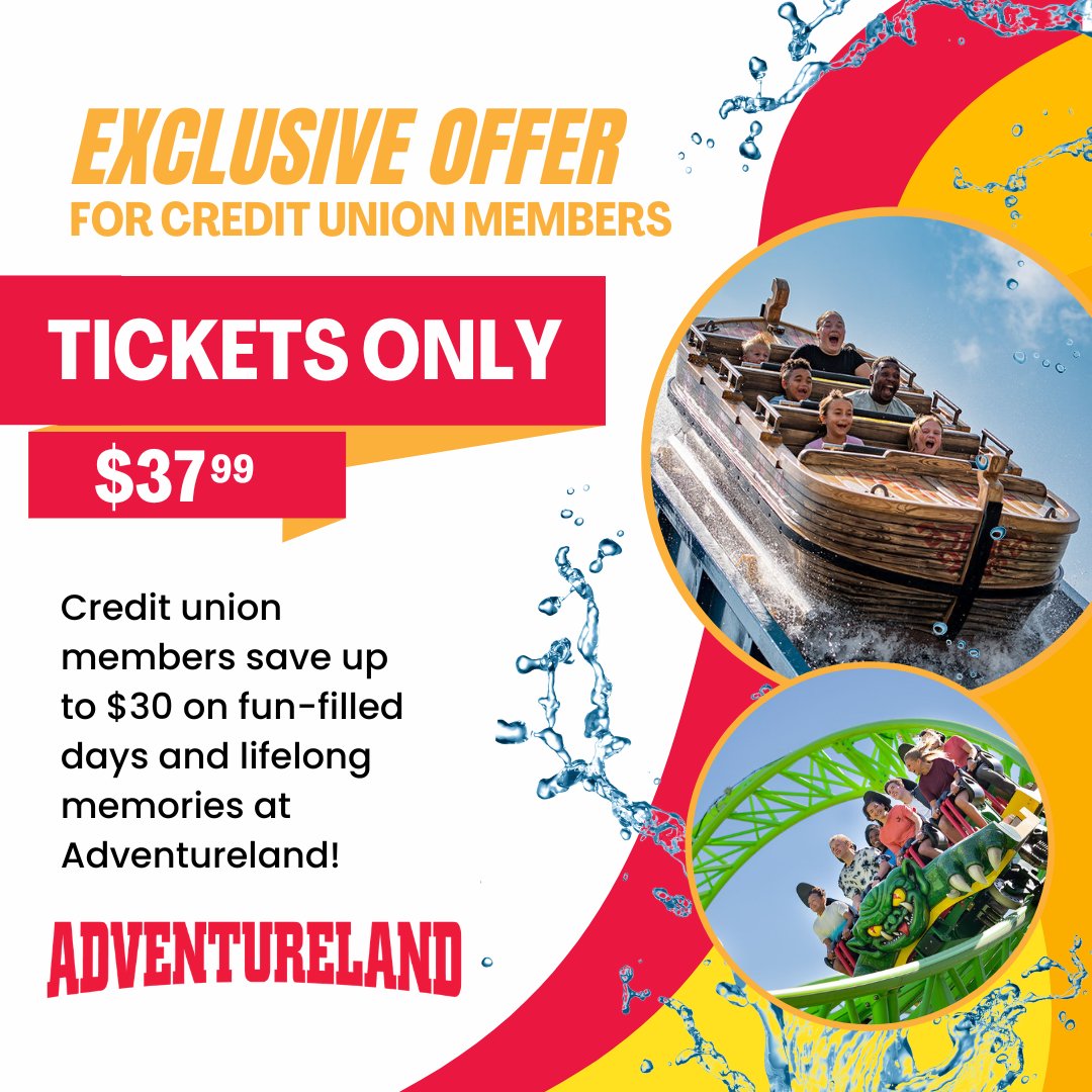 MidlandCU's tweet photo. Get in on Labor Day weekend fun at Adventureland! 🎡

As a Midland Credit Union member, you can enjoy exclusive savings on Day Passes to Adventureland &amp; Adventureland Water Park – just $37.99 each.  😎 

👉 https://t.co/7IITTCUtoP

#MidlandCU #AdventurelandSavings #FamilyFun https://t.co/VTsUtdztR0