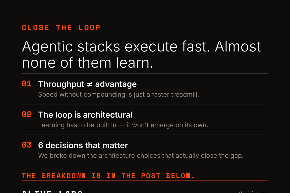 Alive's tweet photo. If your AI agent's accuracy on a specific decision class is flat week over week, the learning loop is not closing. Here are 6 architecture decisions that change that. Full breakdown from Alive Labs: https://t.co/oTjsPfvccv #AIArchitecture #AgenticAI #AIEngineering https://t.co/auuKk6BfIv