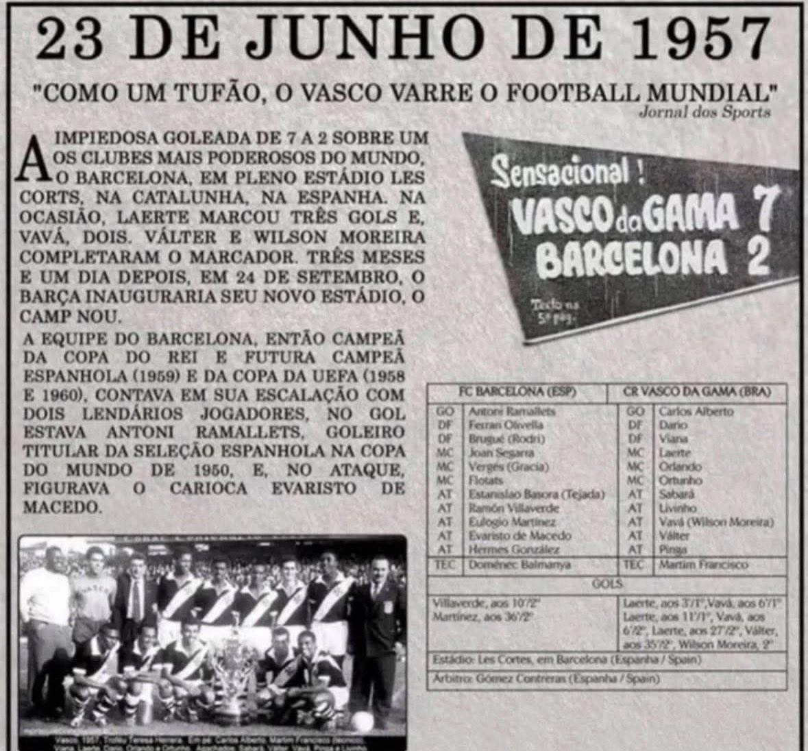 crvghistorico's tweet photo. Em 1957, o Vasco ganhou reconhecimento na Europa com a conquista do Torneio de Paris diante do bicampeão europeu Real Madrid. Além disso, ainda aconteceu essa goleada humilhante pra cima do Barcelona no antigo campo deles. https://t.co/sDrHtZFu9i