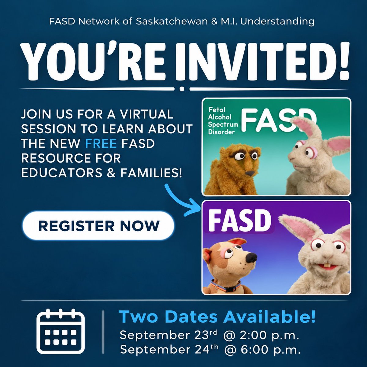 SaskFASDNetwork's tweet photo. Join us for a virtual session to learn about the new FREE FASD resource for educators and families!

Register online at: https://t.co/noZavTVOy5 https://t.co/EGxI5Mfuvw