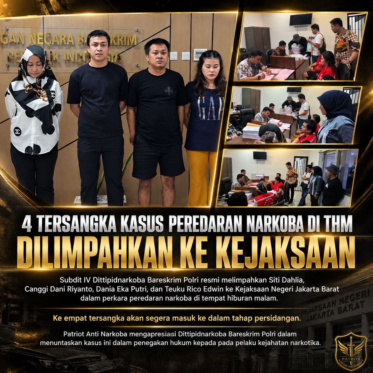 patron_id's tweet photo. Empat tersangka kasus narkoba di tempat hiburan malam akhirnya resmi dilimpahkan Subdit IV Dittipidnarkoba Bareskrim Polri ke Kejari Jakbar. Kawal terus!

@muannas_alaidid
@prabowo
@ListyoSigitP

#PATRON #LawanNarkoba #DittipidNarkoba #BareskrimPolri https://t.co/R6S2hdk5tm