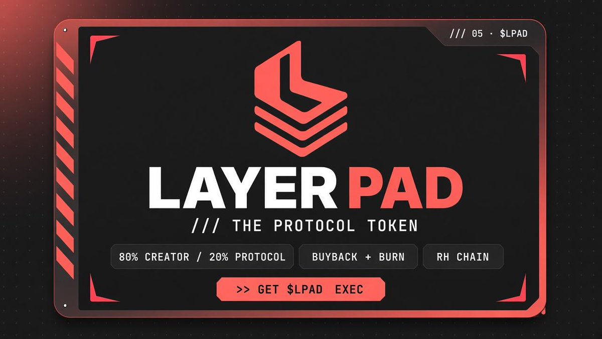 LayerPADHub's tweet photo. $LPAD is the protocol token for LayerPad. It is not a mascot. It is how the venue pays itself and how the venue pays creators.

Fee split is creator first. Eighty percent to the creator. Twenty percent to the protocol. Protocol revenue is aligned with the token through buyback and burn, so usage of the launcher and the DEX is supposed to show up in $LPAD, not only in a treasury slide.

That is the loop. People launch. People trade. Creators keep most of the fee. The protocol takes a smaller cut, then uses it to tighten supply. RH Chain is the settlement layer. $LPAD is the alignment layer.

If you want the token that sits under the launcher, this is it. Get $LPAD at https://t.co/8PqdqA2UOV. Read the fees. Watch the burn. The product and the token are the same machine.