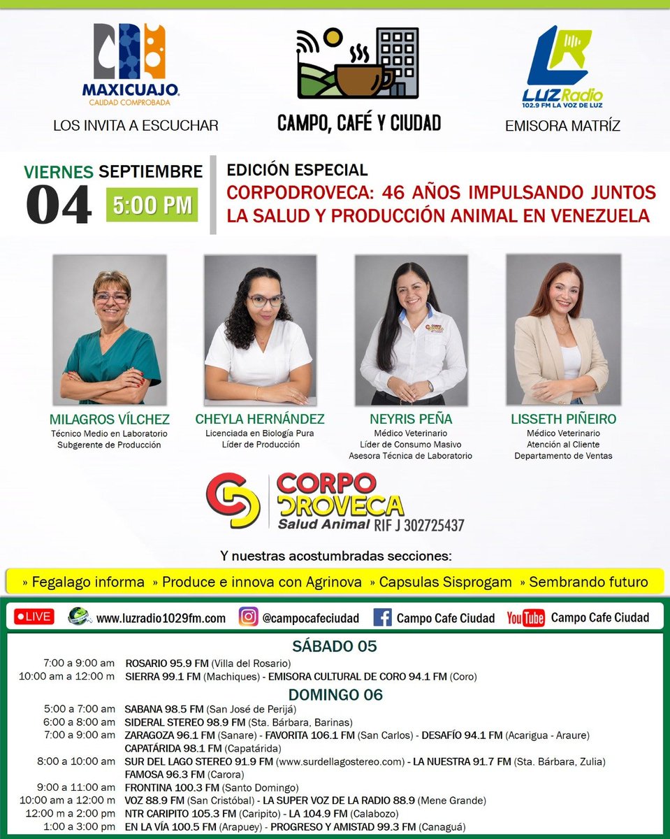 campocafeciudad's tweet photo. Hoy #Viernes #04Sep los invitamos a acompañarnos en la Edición especial "CORPODROVECA: 46 AÑOS IMPULSANDO JUNTOS LA SALUD Y PRODUCCIÓN ANIMAL EN VENEZUELA" de su programa Campo, Cafe y Ciudad #Radio 

Escúchanos en vivo de 5:00 a 7:00 pm por LUZ RADIO 102.9 FM en Maracaibo. https://t.co/fYvq92hqls
