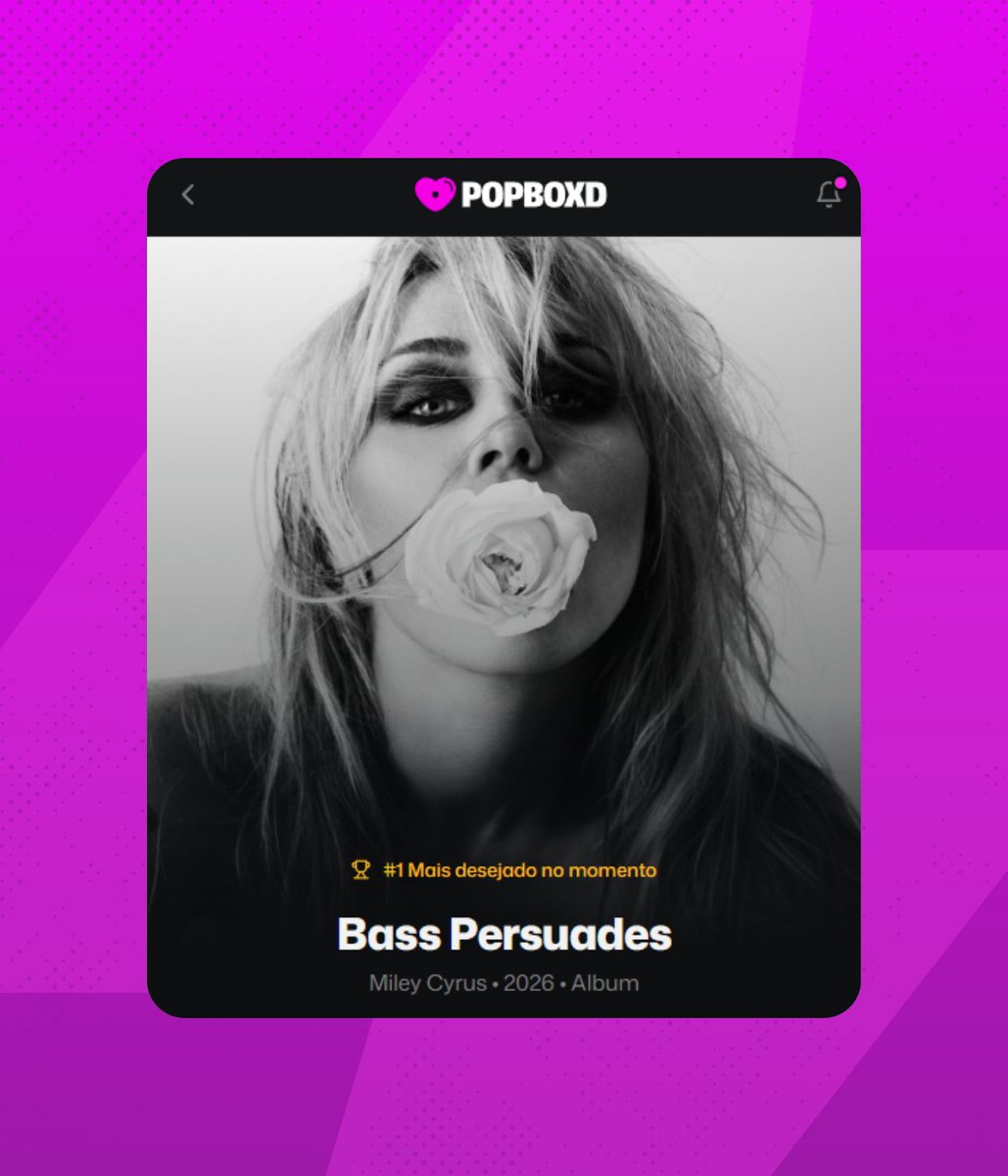 poptime's tweet photo. 'BASS PERSUADES', novo álbum de Miley Cyrus, estreia no topo dos álbuns mais aguardados do POPBOXD. https://t.co/ApLFr0Dvmr