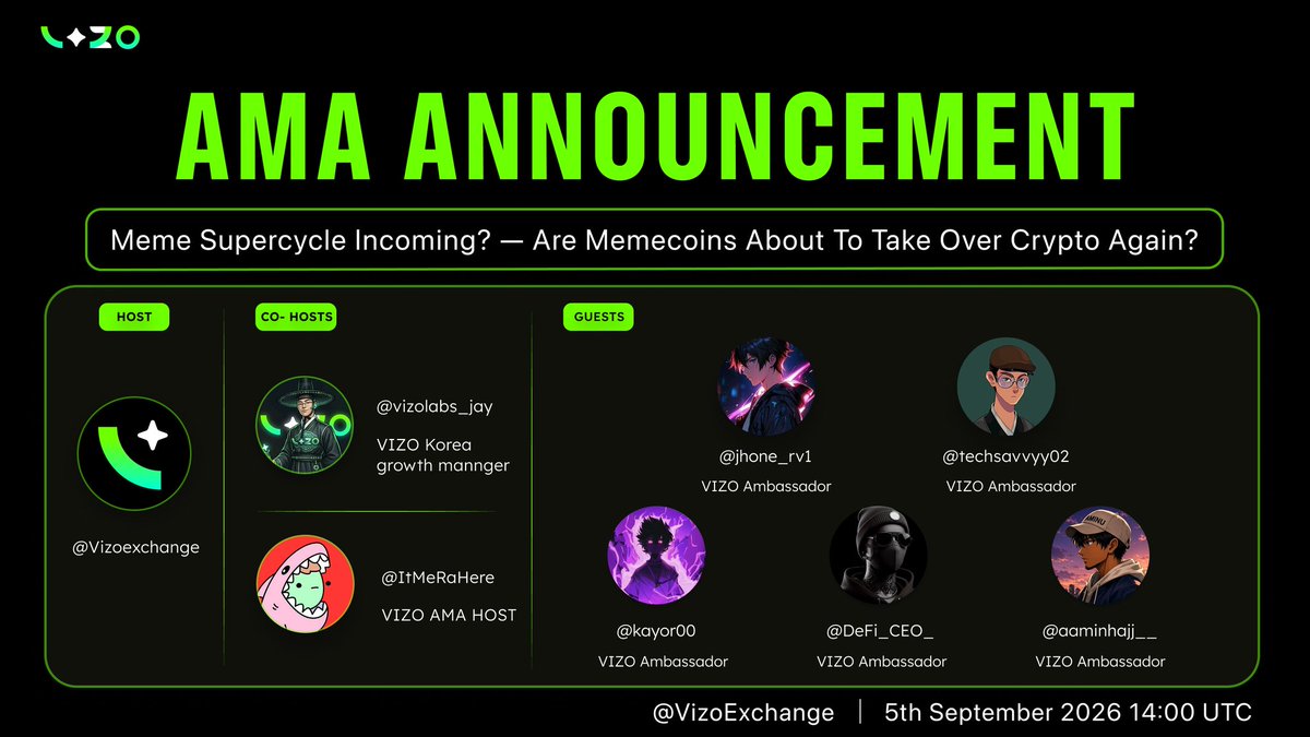 NewSightHQ's tweet photo. 🎙️ Meme Supercycle Incoming? — Are Memecoins About to Take Over Crypto Again? 🚨

Join us tomorrow at 2 PM UTC for an exciting AMA as we dive into the return of memecoins, the forces driving meme markets, and the big question: Are we entering another meme supercycle?

🎙️ Hosted by: @ItMeRaHere  & @vizolabs_jay 

🎁 5 lucky winners will share 10,000 VIZO Points!

To Join:
- Join the AMA and take a screenshot
- Comment your screenshot proof under the AMA post

⏰ Set your reminders below and don’t miss it!