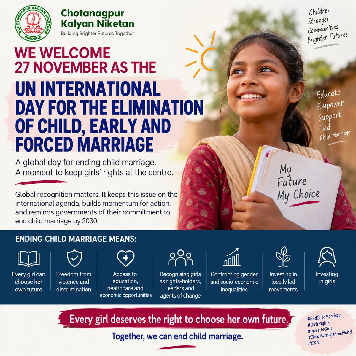 KalyanNiketan's tweet photo. Every girl deserves the right to choose her own future.

On 27 November, we reaffirm our commitment to ending child, early and forced marriage. Investing in girls means protecting their rights, education and dreams.

Together, we can build a #ChildMarriageFreeIndia https://t.co/RMXL0hIOQd