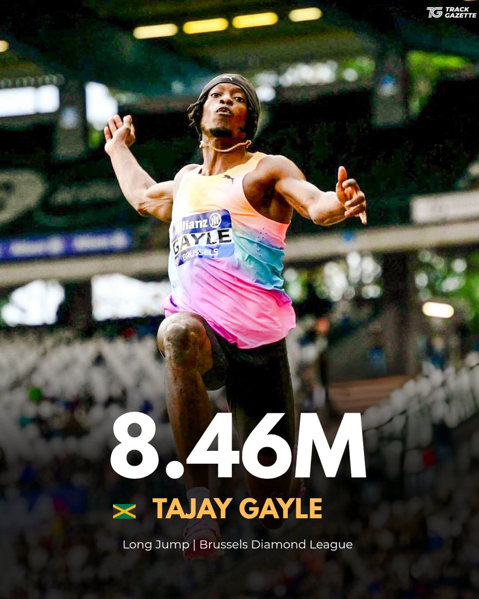 TrackGazette's tweet photo. Tajay Gayle 🇯🇲 beats Miltiadis Tentoglou 🇬🇷 on his final attempt to win the Diamond League trophy in the men's Long Jump!

He went out to a Season's Best (SB) of 8.46m (+1.4) to win over Tentoglou who jumped 8.40m.

Simon Ehammer 🇨🇭 finished 3rd with a best of 8.23m. https://t.co/VlRtPrSy4S