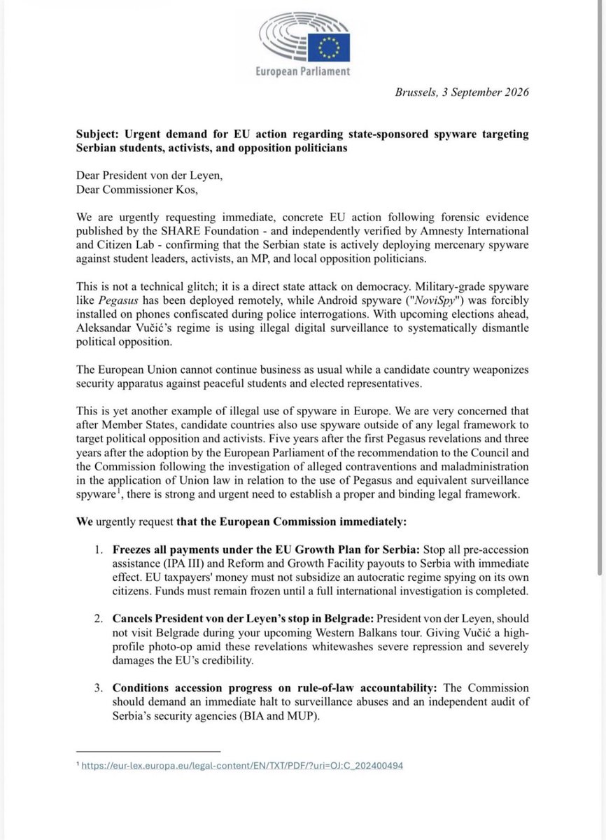 HNeumannMEP's tweet photo. EU 🇪🇺 cannot continue “business as usual” while Vučić’s government weaponizes #Serbia’s security apparatus against peaceful students &amp; the opposition.

Together with MEPs from 5 political groups, we demand immediate EU action over deployment of #spyware against government critics https://t.co/TKGtwV0l4v