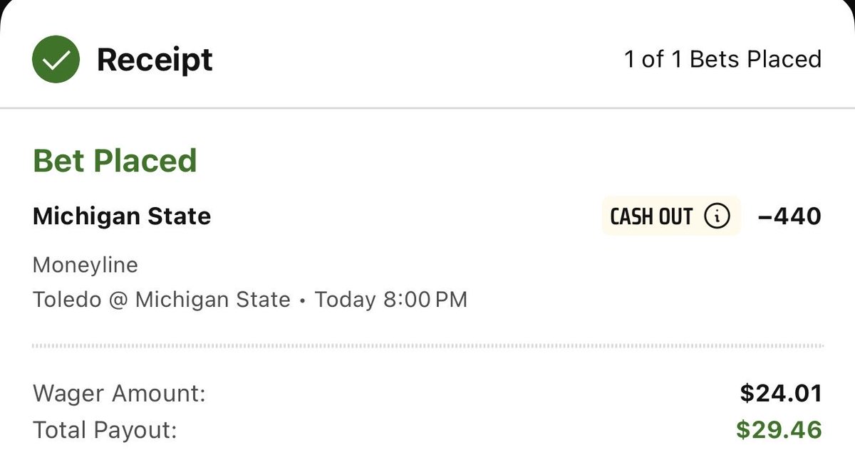 ChalkTalk01's tweet photo. 🚨 CHALK TALK — DAY 2 🚨

Day 1: CASHED ✅
Now we roll the entire bankroll into Day 2.

🏈 Michigan State ML
📉 -440
💰 $24.01 → $29.46
📈 Potential Profit: +$5.45
🔥 Streak: 1-0
🎯 Goal: $1,000

🔄 FULL BANKROLL ROLLOVER
❌ One loss = $0

DAY 2 IS LOCKED. 🔒

The chalk is officially on the board. 🧱🔥

#ChalkTalk #CFB #SportsBettingX