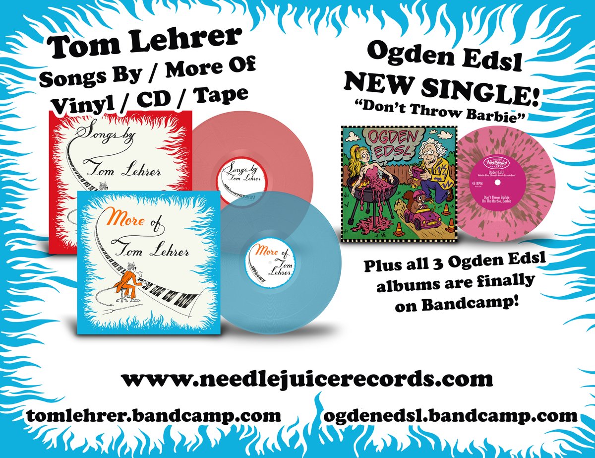 needlejuicerec's tweet photo. 🎩Wind up your turntables!

Songs By and More Of Tom Lehrer form the final Tom Lehrer studio collection today, with new liners by Dr. Demento

Ogden Edsl brings the heat with the new ridiculous single, "Don't Throw Barbie on the Barbie, Barbie!"

Now available from Needlejuice! https://t.co/GJx73T0gaE