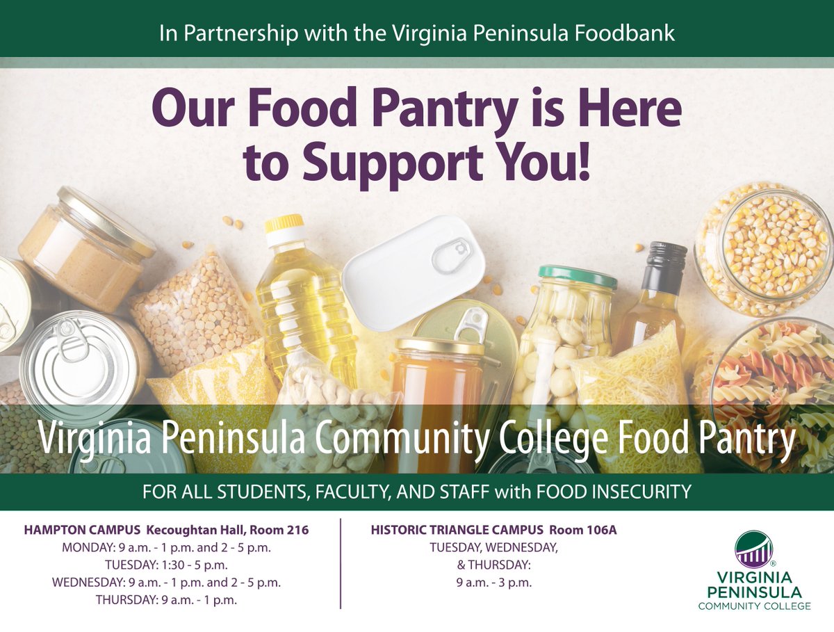 VPCCva's tweet photo. VPCC’s Food Pantry is here for you! Stretching your budget, facing an unexpected expense, or simply need help? We're committed to supporting our students, faculty and staff. Stop by and access free food items in a welcoming, judgment-free environment. #vpccva #foodpantry https://t.co/yJ6oRdcp0i