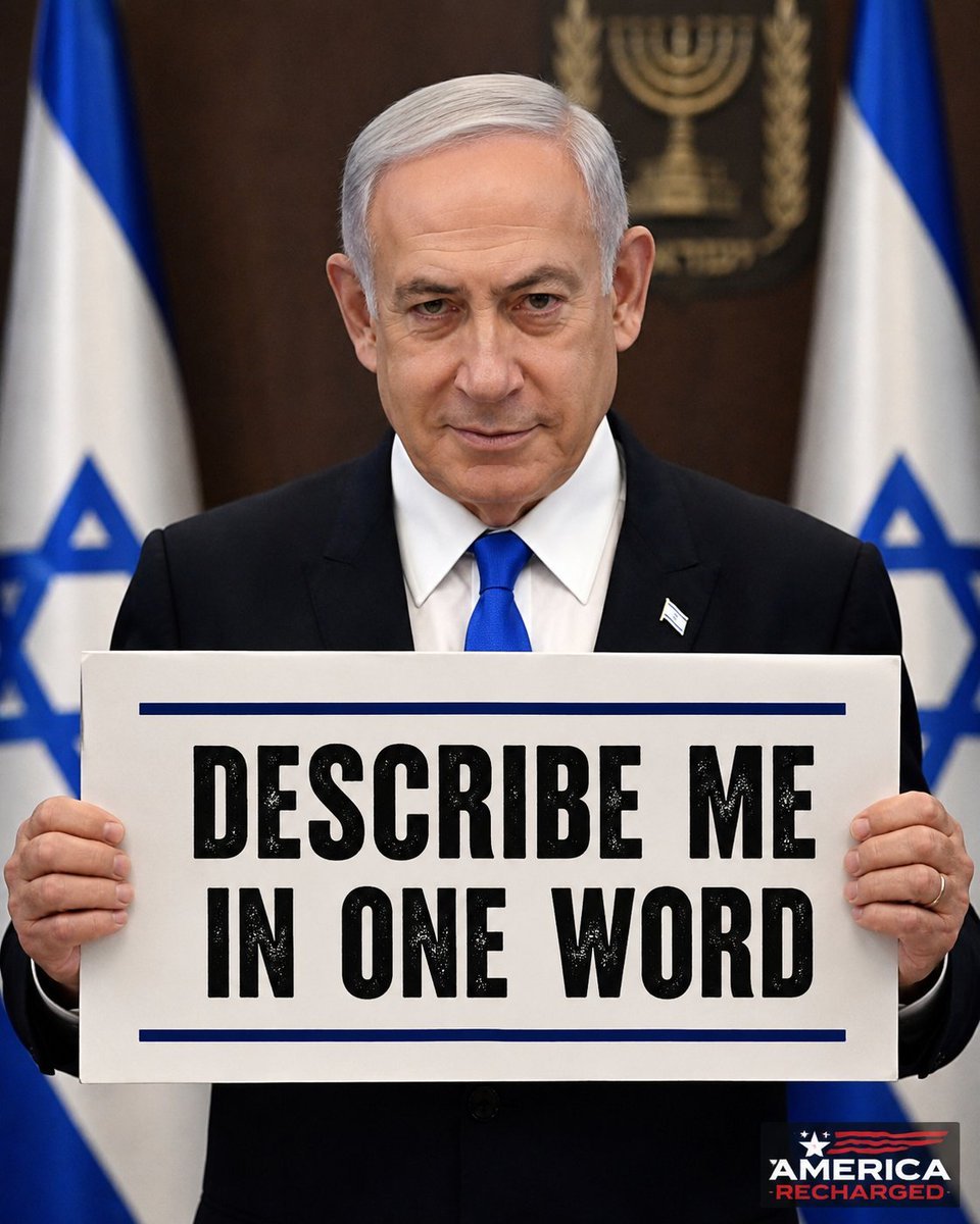 AmericaRecharge's tweet photo. 🇮🇱 Benjamin Netanyahu asks: “Describe me in ONE word.” 👀

What’s the first word that comes to mind? https://t.co/GcyVorPsLT