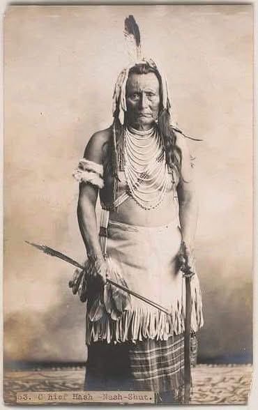 nmlinguaphile's tweet photo. This 1906 studio portrait by Benjamin A. Gifford shows Hash-Nash-Shut, a Wasco chief, photographed in The Dalles, Oregon. Gifford made several images of him between 1901 and 1906. The Library of Congress holds a 1901 seated view with bow and arrow, a 1904 full-length standing portrait close to this one, and a 1906 half-length marked on the reverse “Wasco Chief / Hash-Nash-Shut” and copyrighted 26 March 1906. Numbered prints like this one, “13. Chief Hash-Nash-Shut,” were sold as photogravures and postcards. A 1912 folio of Gifford’s work later put the same images into collectors’ hands.
Gifford (1859 to 1936) was one of Oregon’s most productive commercial photographers. After an apprenticeship in Kansas and Missouri he opened in Portland in 1888, then moved his studio to The Dalles around 1895 to 1898 so he could work the Columbia Gorge and the Native communities still living along it. He was among the first Portland photographers to enlarge with electric light. His Native portraits are studio work: posed, lit, often mixed traditional and trade dress, and sold into a national market that wanted “chiefs” and “types.” They are also a genuine visual record of named people at a particular moment. Oregon State University and the Library of Congress still hold the plates and prints.

Wasco people, Wascopam, from a word for a cup-shaped rock near the principal village, were Upper Chinookan speakers on the south bank of the Columbia at The Dalles. Their closest relatives, the Wishram (Tlakluit), lived on the north bank. Together they were the easternmost Chinookan groups and the masters of one of the great trade marts of western North America. Salmon, slaves, dentalium, horses, obsidian, and later Euro-American goods moved through the narrows and the falls. Lewis and Clark met Chinookan people here in 1805 and 1806. Morse estimated about 900 Wasco in 1822. After 1855 most survivors were removed to what became the Warm Springs Reservation; later counts put Wasco numbers on the reservation in the low hundreds.

They did not live in isolation. Immediately east and south were Sahaptin-speaking bands later grouped as Warm Springs or Tenino: Tygh (Upper Deschutes), Wyam (Lower Deschutes, including Celilo), Tenino proper, and Dock-Spus (John Day). Farther out on the high desert were Northern Paiute people, Numic speakers with a different seasonal round. Three language families, three economies, long contact. Intermarriage across those lines was real. A popular caption that Hash-Nash-Shut himself “came from Umatilla and married into Warm Springs” turns up in modern colorizations of this photograph, but the Library of Congress and Gifford’s own labels call him only a Wasco chief. Leave it unverified unless a family or tribal source turns up.

The legal frame is the Treaty with the Tribes of Middle Oregon, signed 25 June 1855 at Wasco, near The Dalles, by Joel Palmer for the United States. Wasco signers included Mark, William Chenook, and Cush-Kella of the Dalles band; Toh-simph of the Ki-gal-twal-la band; and Wal-la-chin of the Dog River (Hood River) band. Sahaptin signers represented the Tygh, Wyam, Tenino, and John Day bands. The tribes ceded a huge block of country south of the Columbia between the Cascades and the Blue Mountains, commonly described as about ten million acres. They reserved a homeland of roughly 578,000 acres on the Deschutes, Warm Springs, and Metolius, plus the right to fish, hunt, gather, and pasture at “usual and accustomed” places off the reservation. Annuities, a farmer, a teacher, houses for designated chiefs, and plowed acres were promised. The Senate did not ratify until 8 March 1859; the proclamation followed on 18 April 1859.

Wasco witnesses at the council were not naïve. Mark is recorded telling Palmer that the proposed reserve was country he had not seen: if Whites and Indians were already there he might know whether it was good land. The reserved tract sat inland from the river corridor the United States wanted for roads, steamers, and settlement. A supplemental agreement of 15 November 1865 tried to extinguish the off-reservation hunting, fishing, gathering, and pasturing rights in exchange for farm equipment. Tribes have never treated that 1865 paper as the last word. The 1855 fishery language remains the living legal text in later fights over Celilo, the dams, and usual-and-accustomed sites.

Paiute families arrived later. After the Bannock War, thirty-eight Paiutes were moved from Yakama to Warm Springs in 1879; others followed. In 1937 and 1938 the Wasco, Warm Springs, and Paiute organized under the Indian Reorganization Act as the Confederated Tribes of the Warm Springs Reservation of Oregon. That is the government you meet today. The photograph is a generation earlier: a named Wasco leader, still photographed as a “chief,” in a river town that had already become an American county seat.

Look at what he is wearing. Eagle feathers in the hair marked status and spiritual standing across the Plateau; they were not costume. Light fur wraps the braids, often identified as mink in popular captions; the photograph itself does not prove the species. The stacked necklaces are wealth. On the mid-Columbia that wealth was frequently dentalium, the long white shells traded down from Vancouver Island, counted and strung as money. Beadwork and trade beads sit in the same register. The fringed wrap over plaid trousers is the hybrid dress of the reservation era: hide-working technique and commercial wool in one outfit. In his hands are a lance or spear and a trade sword or staff. Studio portraits of this date routinely mixed inherited weapons with purchased metal. None of it is “pure.” All of it is historical.
The wrap is the piece that sends people to Pendleton. Wool trade blankets reached the Columbia well before any Oregon mill. Hudson’s Bay posts were exchanging point blankets in this country by the 1810s and 1820s. Between about 1880 and 1930 American mills built a specialized “Indian blanket” trade: Capps, Racine, Buell, Oregon City, and Pendleton among them. Pendleton Woolen Mills in the town of Pendleton, on the edge of Umatilla country, released its first Indian-design blankets in October 1896. Umatilla and Cayuse buyers were among the first customers; the mill sent designers, notably Joseph Rawnsley after the first Jacquard loom arrived in 1901, to learn color and pattern preferences. Early goods were blocks, rectangles, and crosses. Jacquard weaving made the later lightning and zigzag fields possible. The Bishop family revived and scaled the mill after 1909; Pendleton is the firm that survived. Whether this particular wrap is an early Pendleton, another mill’s robe, or a fringed hide over trade cloth is an inference from the rectangular field, not a lab identification. By 1906 a Wasco man of standing could wear industrial wool as honor clothing without ceasing to be Wasco.

Two points worth keeping in mind. “Chief” in Gifford’s titles is a photographer’s and agent’s word. Wasco society recognized hereditary high-rank families, commoners, and (historically) slaves; village authority was not identical to a reservation “head chief” appointed or recognized for annuity purposes. William Chinook, one of the 1855 Wasco signers, is a documented example of a man the government preferred because he spoke English. Hash-Nash-Shut’s exact place in that politics is not in the published catalog record. And Gifford’s pictures are not field ethnography. They are art and commerce portraits made fifty years after the treaty, twenty-five years after the last Paiute removals, and a few years before Celilo was still a working fishery, and a lifetime before The Dalles Dam drowned it in 1957.

What the photograph does give you is a specific man, in a specific studio, at the hinge between river world and reservation world: Chinookan rank still visible in feathers, shell, and bearing; American wool, steel, and copyright already in the frame.