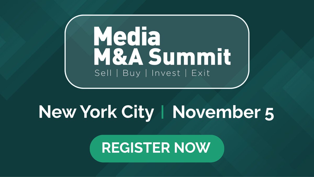SIIA's tweet photo. Are you looking to sell, exploring what your media business is worth, or searching for your next acquisition?

Whatever your M&amp;A strategy, you’ll want to be in the room at the SIIA Media M&amp;A Summit on Nov. 5 in NYC.

Register now: https://t.co/Beve10GaZq https://t.co/NzWmvni2qh