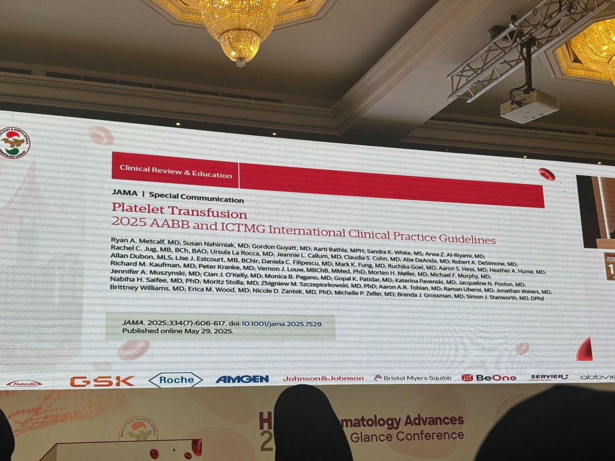 abouabdrahman0's tweet photo. 🩸 Platelet Transfusion in 2025: Less Can Be Safer!
Key messages from the AABB/ICTMG international guideline 🧵👇

1/12 🎯 The central principle

Adopt a restrictive platelet-transfusion strategy whenever clinically appropriate.

✅ Similar bleeding and mortality outcomes
✅ Fewer transfusion reactions
✅ Less alloimmunization/refractoriness
✅ Better preservation of a limited resource
✅ Lower cost

Platelet count is important—but never the only decision-maker. 🧠

2/12 💪 Strong recommendations

🧬 Nonbleeding hypoproliferative thrombocytopenia during chemotherapy or allogeneic HSCT:

➡️ Transfuse when PLT <10 ×10³/µL
📚 Moderate-certainty evidence

A routine liberal threshold above 10 ×10³/µL provides no proven benefit in otherwise stable patients.

3/12 👶 Preterm neonates without major bleeding

➡️ Transfuse when PLT <25 ×10³/µL
📚 High-certainty evidence

Avoid the historical liberal threshold of 50 ×10³/µL—it offers no benefit and may cause harm.

4/12 💉 Lumbar puncture: a major practice-changing recommendation

➡️ Administer platelets when PLT <20 ×10³/µL
💪 Strong recommendation
📚 Moderate-certainty evidence

This is considerably more restrictive than the traditional 50 ×10³/µL threshold used by many centers.

⚠️ This is a transfusion trigger—not proof that every patient must achieve a post-transfusion count ≥20.

5/12 🧠 Why is the LP threshold lower?

Bleeding after lumbar puncture is remarkably rare:

📊 PLT <50 ×10³/µL: 42 hematomas among 4,418 patients across six studies
📊 PLT <20 ×10³/µL: 0 hematomas among 324 patients across four studies

The baseline risk is very low, although much of the procedural evidence remains observational.

6/12 🦟 Dengue thrombocytopenia without major bleeding

🚫 Do not transfuse platelets prophylactically—even with marked thrombocytopenia.

💪 Strong recommendation
📚 Moderate-certainty evidence

Trials show no clinical benefit and suggest possible harm. Treat the patient and bleeding—not the number.

7/12 🧫 Autologous SCT and aplastic anemia

For stable, nonbleeding adults:

➡️ Consider a no-prophylaxis strategy
⚖️ Conditional recommendation
📚 Low to very-low certainty

This requires careful clinical monitoring and may not suit patients with fever, infection, mucositis, coagulopathy or additional bleeding risks.

8/12 🏥 Critically ill adults

Consumptive thrombocytopenia without major bleeding, excluding dengue:

➡️ Transfuse when PLT <10 ×10³/µL
⚖️ Conditional recommendation
📚 Very-low certainty

Avoid reflexively transfusing merely because the patient is in ICU.

9/12 🩺 Central venous catheter placement

For adult CVC insertion at an anatomical site amenable to manual compression:

➡️ Transfuse when PLT <10 ×10³/µL
⚖️ Conditional recommendation
📚 Moderate to very-low certainty

📌 Prefer ultrasound guidance, experienced operators and a compressible site.

⚠️ Do not automatically extrapolate this threshold to noncompressible or technically difficult access.

10/12 🩻 Interventional radiology procedures

🔹 Low-risk procedure: transfuse if PLT <20 ×10³/µL
🔸 High-risk procedure: transfuse if PLT <50 ×10³/µL

⚖️ Conditional recommendation
📚 Very-low certainty

Procedure-specific bleeding risk, anatomy, operator experience and the possibility of compression remain crucial.

11/12 🔪 Major non-neuraxial surgery

➡️ Transfuse when PLT <50 ×10³/µL
⚖️ Conditional recommendation
📚 Very-low certainty

This recommendation does not define thresholds for neurosurgery or other especially high-risk anatomical procedures.

12/12 ❤️🧠 When platelets should not be given routinely

🚫 Nonthrombocytopenic cardiovascular-surgery patients without major hemorrhage—including cardiopulmonary bypass

🚫 Adults with spontaneous or traumatic nonoperative intracranial hemorrhage and PLT >100 ×10³/µL, including those receiving antiplatelet therapy

There is no established benefit, and transfusion may cause harm.