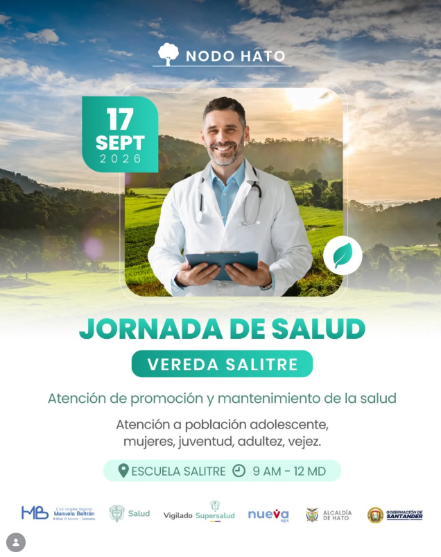 ESEHMB's tweet photo. 💚🩺 ¡La salud llega a la vereda Salitre!

Te esperamos este 17 de septiembre en la Escuela Salitre, de 9:00 a. m. a 12:00 m., para una jornada de promoción y mantenimiento de la salud. 👨‍👩‍👧‍👦

🌿 ¡Cuidarte también es amor!

#JornadaDeSalud #VeredaSalitre #SaludParaTodos https://t.co/dieBUiqys7