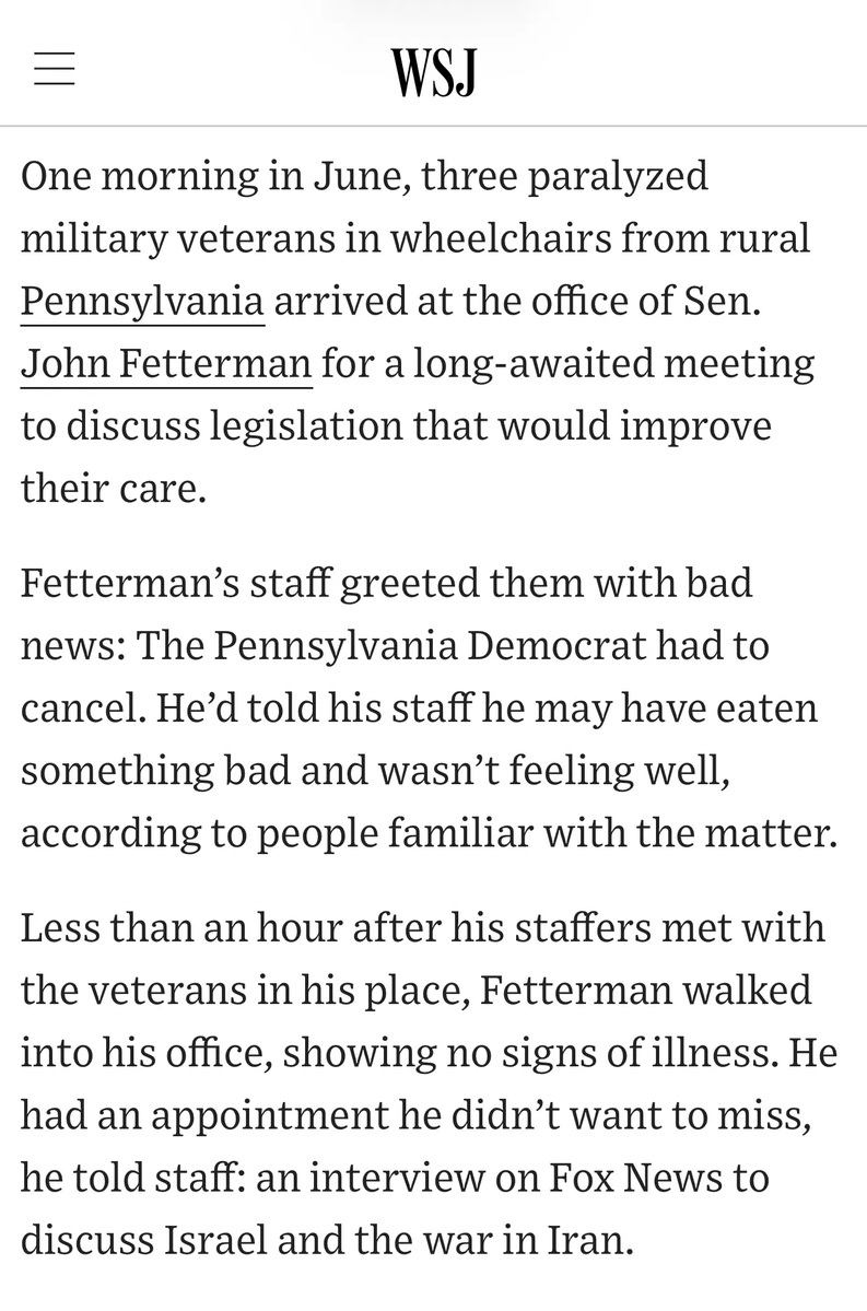 MuellerSheWrote's tweet photo. Senator @JohnFetterman lied to paralyzed veterans and ditched a meeting with them to discuss their healthcare so he could appear on Fox News to cheerlead Trump’s war and shit on his own party. What a garbage human.

Source: https://t.co/Riwv7rCQKT https://t.co/bQMT3kCK6L