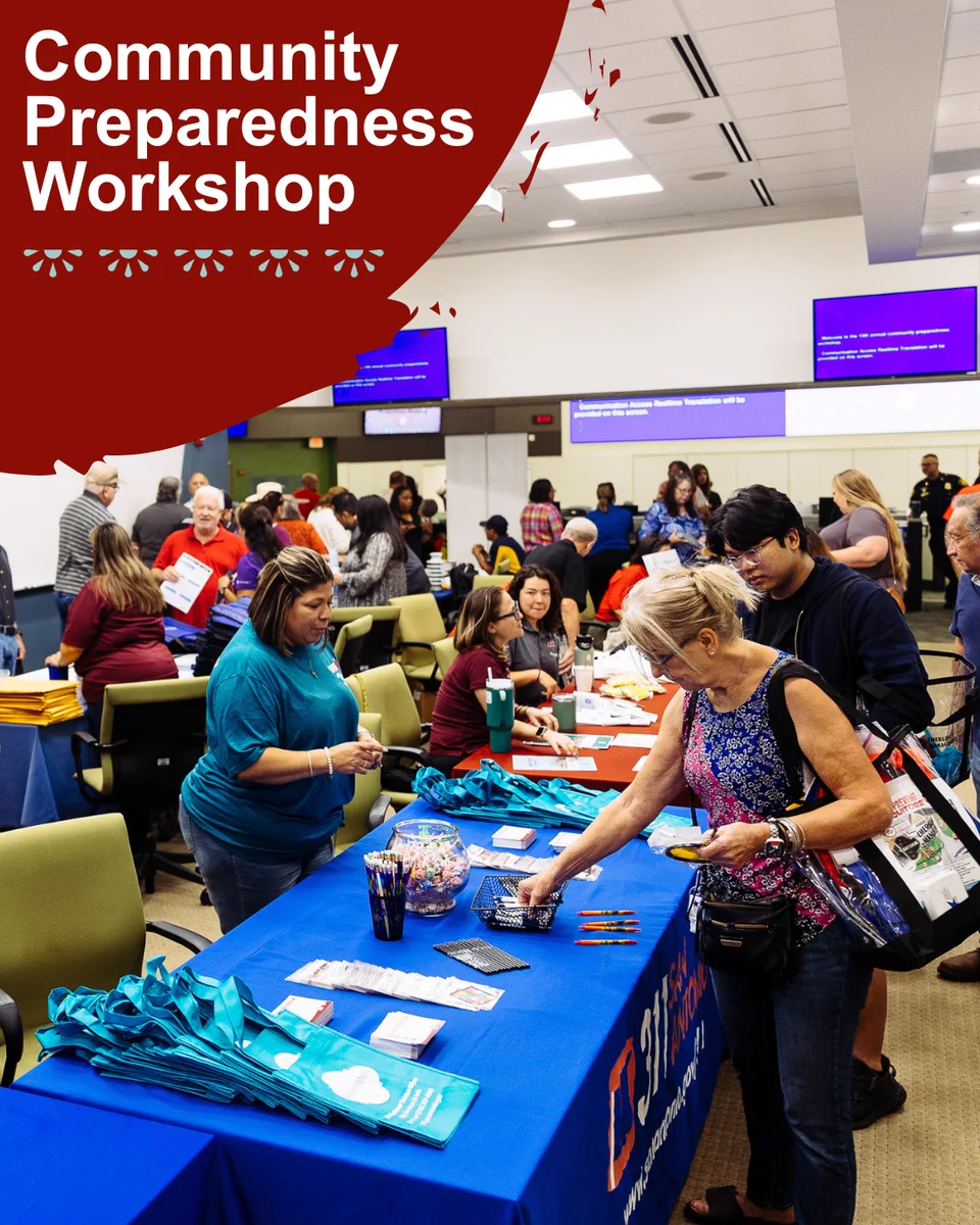 Several people standing around booths, talking with organizations with text "Community Preparedness Workshop"