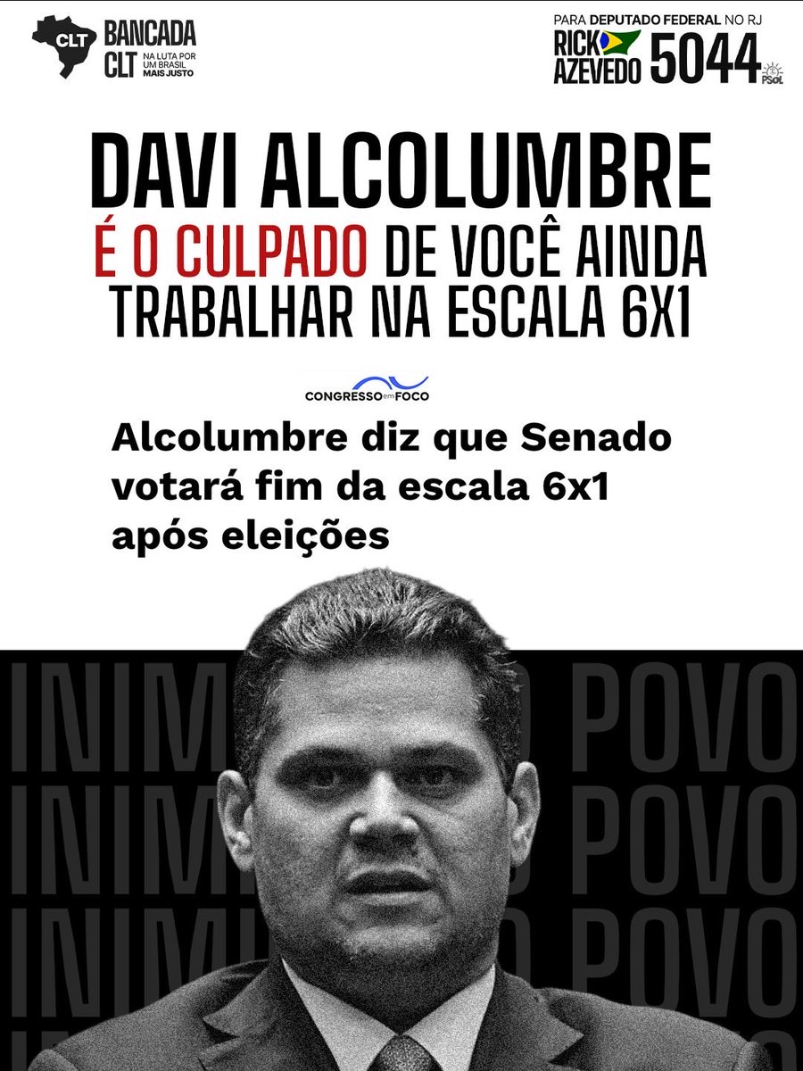 rickazzevedo's tweet photo. A CULPA É DELES!

Davi Alcolumbre e Flávio Bolsonaro são os principais responsáveis por ainda termos um regime ESCRAVOCRATA vigente no nosso país. Se não fossem as articulações desses inimigos do povo, já teríamos abolido a escala 6x1 no Brasil. 

Precisamos eleger quem realmente representa o povo. Não podemos ter um Congresso que só atua contra a classe trabalhadora. Flávio será demitido em outubro e a hora de Alcolumbre vai chegar. 

Nessas eleições, coloque no poder quem está do seu lado.