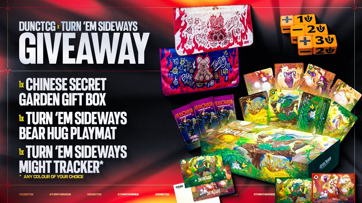 dunctcg's tweet photo. DUNC x @TurnThemSide GIVEAWAY 

Excited to be teaming up with the TES goats to run 3 GIVEAWAY, 1 on each platform. 

For Twitter, one winner takes:
- 1x Chinese Secret Garden gift box
- 1x @turnthemside Bear Hug playmat
- 1x Might Tracker in any colour you like

How to enter:

1️⃣ Follow @dunctcg and @turnthemside
2️⃣ Tag a friend
3️⃣ Reply with your favourite Riftbound card

That’s it. 

Winner picked Friday 11th September, global shipping.

Running this across all three of my platforms with a different chase in each:

TikTok - Volibear overnumber
Instagram - Crystal Rose Ahri

Every winner also gets a TES playmat + Might Tracker of their choice. Enter on all three 🫡
