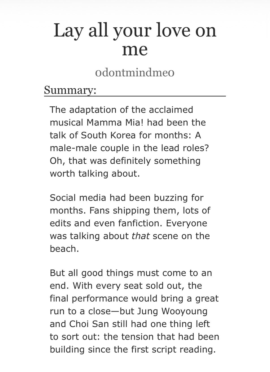 wooyoungsmind's tweet photo. Lay all your love on me

inspired by mamma mia!

| wsn au | ao3 fic |

chapter 2

🐚  actors au
🐚  friends to lovers
🐚 mutual pining
🐚 miscommunication
🐚 fluff &amp; smut

link: https://t.co/ihb8XmQ5aj https://t.co/C3C7giTyTn