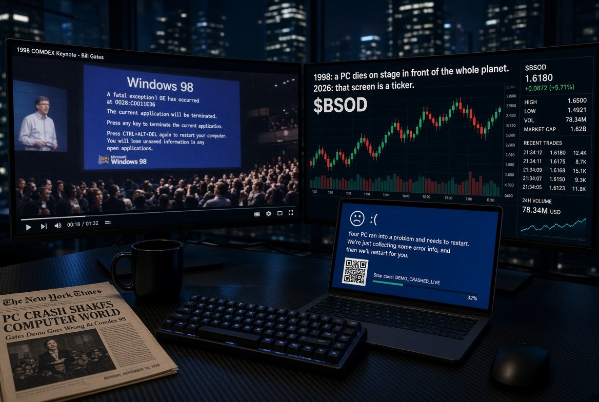 BSODRH's tweet photo. 1998: a PC dies on stage in front of the whole planet.

2026: that screen is a ticker.

$BSOD

CA: 0xdB02f96Dc708bf6c53E4c1aB1f790857BD74806D https://t.co/U3scIC4GUa
