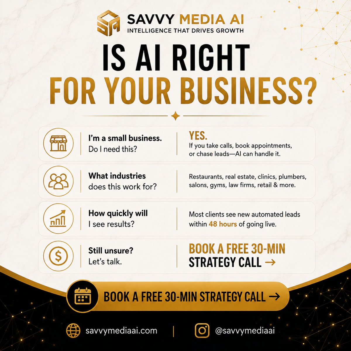 SavvyMediaAI's tweet photo. Still unsure about AI automation? 🤔

Here are the top questions we get asked—answered simply, no tech jargon.
Find out if AI is the right next step for your business.

Book a FREE 30-min Strategy Call: https://t.co/2FT5ptQ10H

#FAQFriday #AIForBusiness #BusinessAutomation https://t.co/Juc0yvJEPv