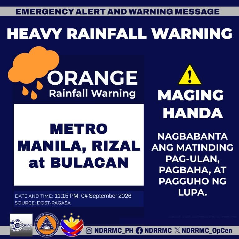 NDRRMC_OpCen's tweet photo. Maging alerto, mga lalawigan ng #MetroManila, #Rizal at #Bulacan!

NDRRMC(11:15PM, 4Sep26)Orange Rainfall Warning sa Metro Manila, Rizal, at Bulacan. Nagbabanta ang matinding pag-ulan, pagbaha at pagguho ng lupa.

#NDRRMC
#BawatSegundoMahalaga https://t.co/3f1U3Ozc26