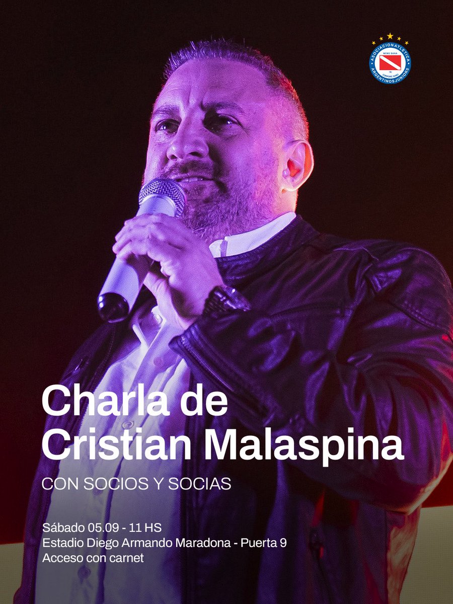 AAAJoficial's tweet photo. #AAAJ 🔜 Este sábado, desde las 11, Cristian Malaspina realizará una nueva charla con las y los @SociosAAAJ en el estadio.

💳 Ingreso por puerta 9 con carnet. https://t.co/pmUBFRIwBG