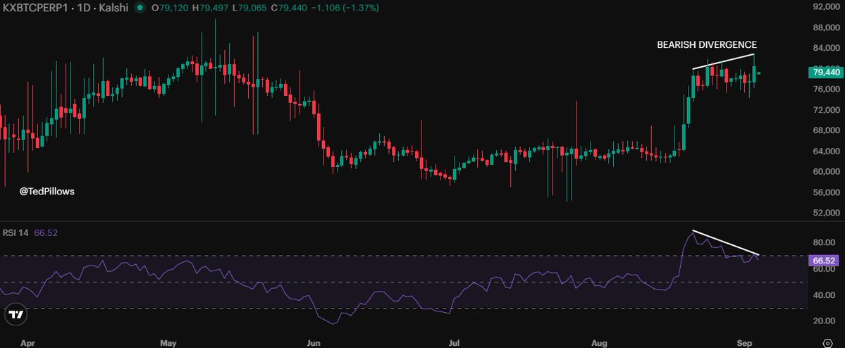 TedPillows's tweet photo. $BTC has formed a bearish divergence here.

A drop to $74,000 looks more likely, especially with rising rate hike odds.

I’ve got a special deal for my community: trade with me and get a $25 bonus when you trade $50: https://t.co/kzZIKQsFwf https://t.co/HLfGCl00Un