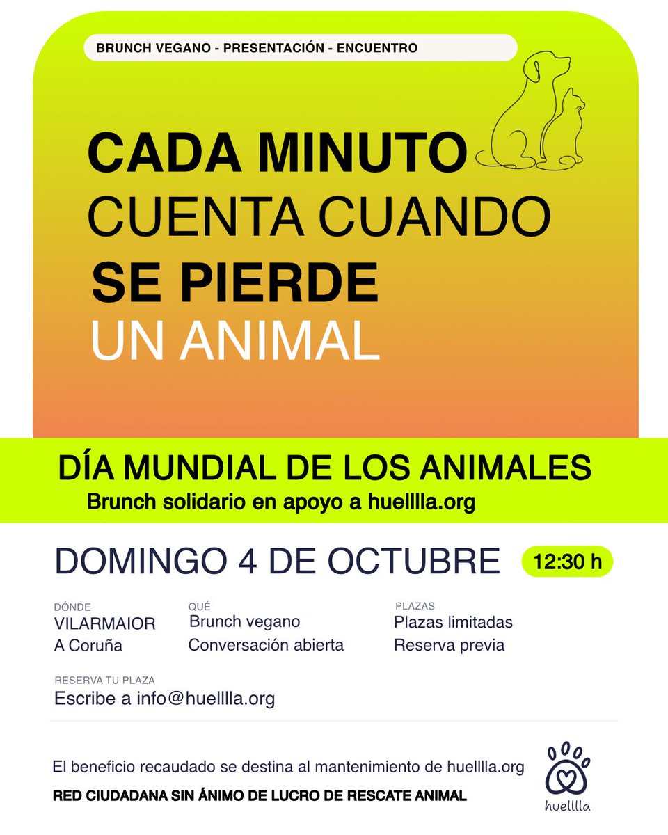 huelllla's tweet photo. Un animal perdido no sabe que está perdido. Quizás cree que alguien va a volver a por él.

Casi ninguno vuelve solo: vuelve porque alguien lo vio, miró dos veces y supo a quién avisar. Todo depende de que la noticia llegue rápido a quien estaba cerca.

Para eso hemos creado https://t.co/NJxG7fcvrD: un mapa, una alerta y un aviso que llega al barrio donde desapareció. Gratis para quien busca y para quien encuentra, sin anuncios y sin ánimo de lucro. Pero mantenerla cuesta dinero, y por eso organizamos esto para quien quiera echar una mano.

El 4 de octubre, #DíaMundialdelosAnimales, nos juntamos a comer en Vilarmaior. #Buffet #vegano y, después, una conversación: ¿qué puede hacer cada cual por los animales que andan solos? No damos una charla, queremos escuchar.

Domingo 4 de octubre · 12:30 h · #Vilarmaior #ACoruña Plazas limitadas

Reservas: info@huelllla.org
Si no puedes venir, compártelo. La próxima vez que se pierda un animal por tu calle, quien lo haya leído puede ser quien mire dos veces.