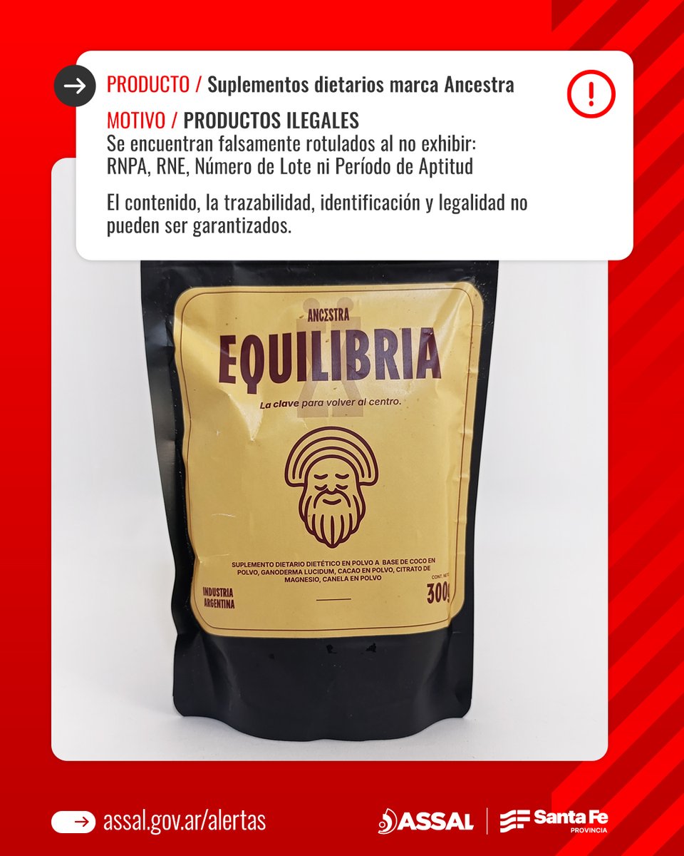 assalsantafeok's tweet photo. 🚨 Suplementos dietarios marca Ancestra
❗Motivo: los productos se encuentran falsamente rotulados al no exhibir RNPA, RNE, Nº de Lote ni Período de Aptitud
Productos ilegales.
Contenido, trazabilidad, identificación y legalidad no pueden ser garantizados
https://t.co/cj5XMgaQCY https://t.co/kZwVpWbZ7a
