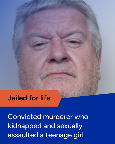 A mugshot of a man with grey hair and a beard, with text stating he was jailed for life for kidnapping and sexually assaulting a teenage girl.