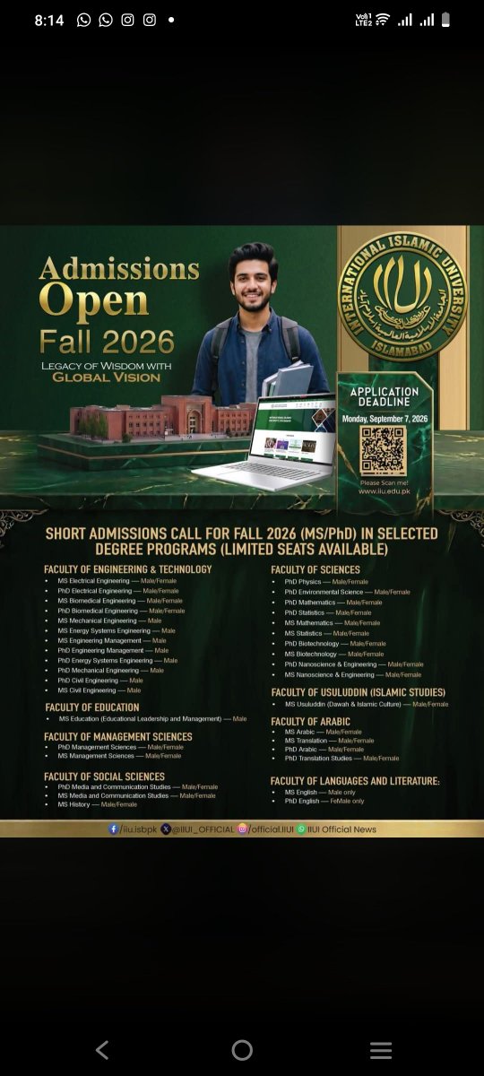 IIUI_OFFICIAL's tweet photo. Admissions are open at IIUI for selected MS and PhD programmes for Fall 2026. Limited seats are available. Application deadline: September 7, 2026 Apply now: https://t.co/UANhWHZAmz https://t.co/mu2RGhsd9v