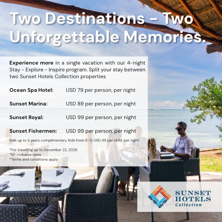 TravelWithAnnaH's tweet photo. One Caribbean trip can hold two distinct rhythms: Cancún’s bright energy and Playa del Carmen’s coastal ease. Stay - Explore - Inspire starts from USD 79 pp/pn, valid for travel through Dec 22, 2026.

#MexicanCaribbean #TravelAgents #AllInclusiveTravel #SunsetHotelsCollection https://t.co/UuALcbddlw