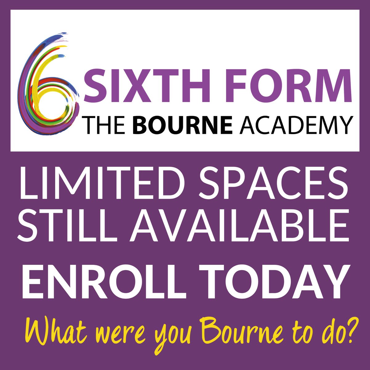 BourneAcademy's tweet photo. There are still limited places available in our Sixth Form for this academic year!
If you’re still exploring your Post-16 options or reconsidering your current placement, get in touch to discuss the courses and options available to you.
megan.boome@thebourneacademy.com https://t.co/d3d8iqHur7