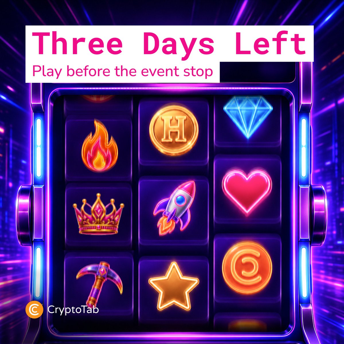 CryptoTabnet's tweet photo. 3 days until the reels stop 🎰

Do not leave a result hidden inside an unused Roll! 

🔸 finish your active stack

🔸 check the queue in Your Roll Vault

🔸 advance your Jackpot Meter while there is still time 

🔸 open Prize History

You only see a Roll result after the game. ⏳

 🚀 The final countdown is already running

🎮 Play Hash-N-Roll: [https://t.co/CNsU7LfmFz]