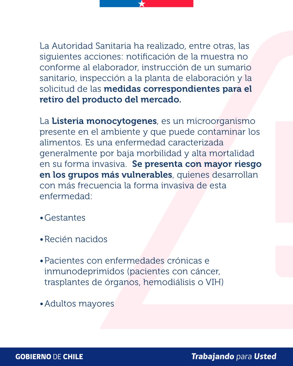 SERNAC's tweet photo. 🔴El Ministerio de Salud informa de una Alerta Alimentaria por Listeria Monocytogenes en pasta cóctel de jamón marca Líder, con fecha de elaboración 14/08/2026 y fecha de vencimiento 05/09/2026.

Más en👉https://t.co/YTdl7NNyAU https://t.co/jWFR2ptIqa