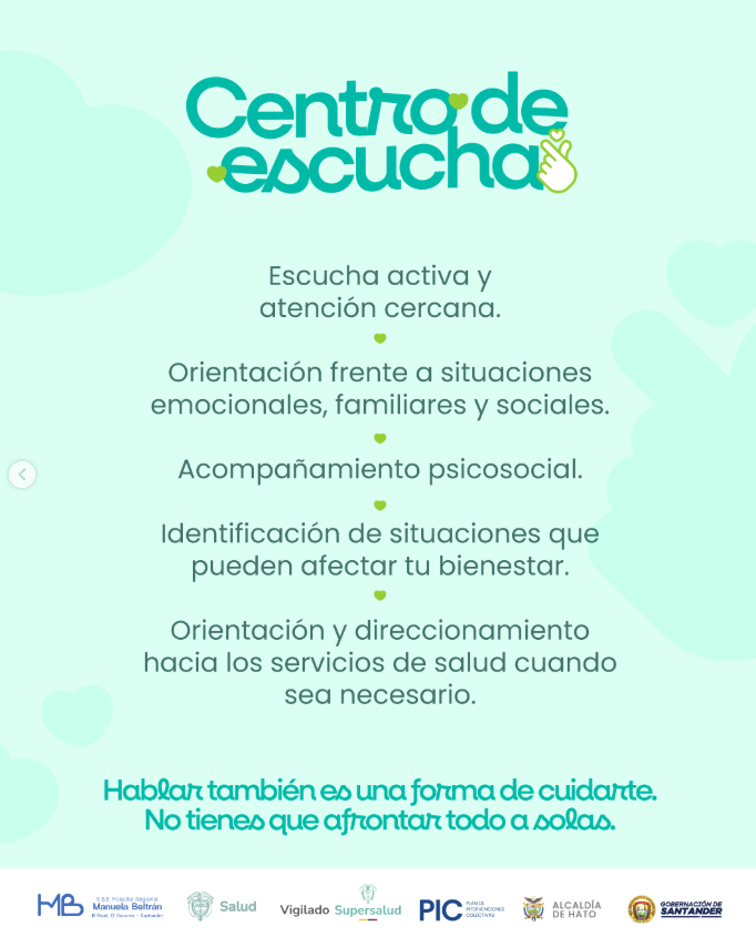 ESEHMB's tweet photo. 💚👂 ¡El Centro de Escucha está para ti!
Encuentra orientación y apoyo psicosocial frente a situaciones emocionales, familiares y sociales. 🫂
📍 Secretaría de Salud Municipal
🏠 Atención casa a casa — Hato, Santander
💬 ¡Hablar también es cuidarte!
#CentroDeEscucha #SaludMental https://t.co/HqaDPdV8rv