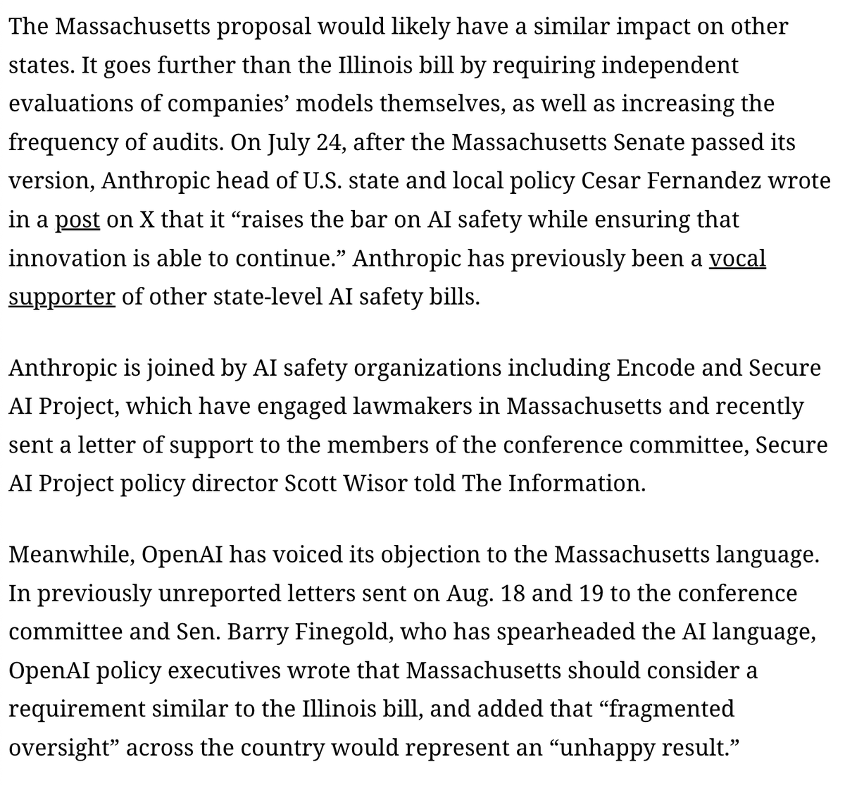 ShakeelHashim's tweet photo. Note that as we speak, OpenAI is opposing a Massachusetts bill that would require third-party auditing. https://t.co/3pkDjOw0B5