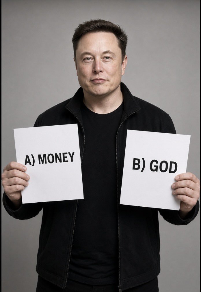 RocketManpv0's tweet photo. Elon Musk is holding a paper in each hand.

Be honest… what is your top priority in this life? 👀

💰 A) Money

🙏 B) God https://t.co/Z84uLp8LaM