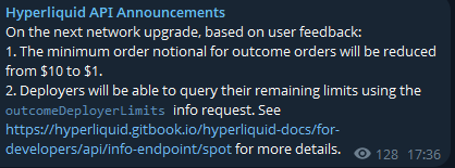 HyperliquidNews's tweet photo. On the next network upgrade, the minimum order national for outcome orders will be reduced from $10 to $1. https://t.co/coukrvMb9V