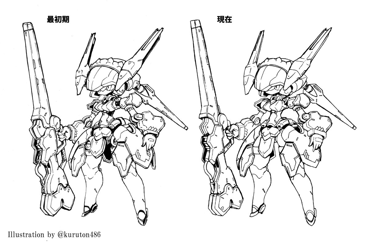 kuruton486's tweet photo. バスターメイデンのはじまりとなるシャーペン画
+最初期＆現在の線画比較

最初期線画からじわじわと加筆・修正加えて現在の線画になりもうした https://t.co/YKle7G7PHo