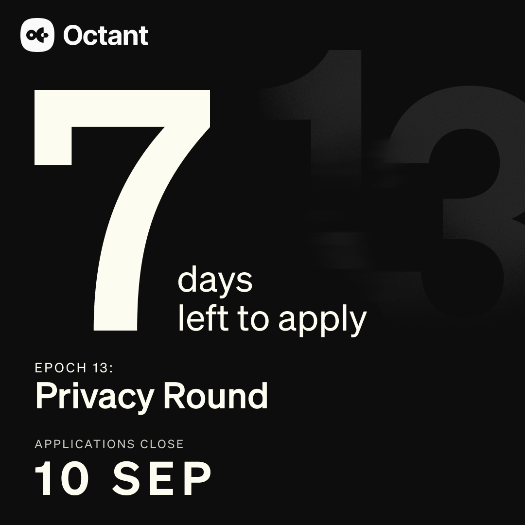 OctantApp's tweet photo. 7 days left to apply to our 
               13th epoch which features
                                        100 ETH in matching funding