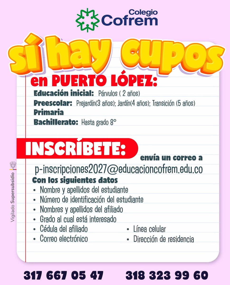 ReporterodelM's tweet photo. 📢 ¡𝐒𝐢́ 𝐡𝐚𝐲 𝐜𝐮𝐩𝐨𝐬! Matrículas abiertas
¿Está buscando un lugar donde su pequeño pueda aprender, crecer y disfrutar cada etapa de su primera infancia? 🎒
En #Cofrem tenemos matrículas abiertas en:📍 Villavicencio📍 Acacías📍 Puerto López, 👧🏻Párvulos 🧒🏼Prejardín 👦🏻 https://t.co/hWiQfonlrV