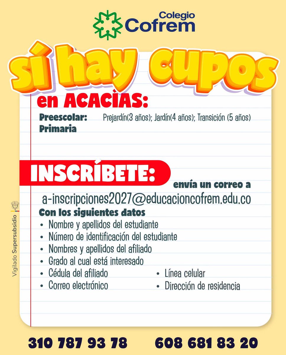 ReporterodelM's tweet photo. 📢 ¡𝐒𝐢́ 𝐡𝐚𝐲 𝐜𝐮𝐩𝐨𝐬! Matrículas abiertas
¿Está buscando un lugar donde su pequeño pueda aprender, crecer y disfrutar cada etapa de su primera infancia? 🎒
En #Cofrem tenemos matrículas abiertas en:📍 Villavicencio📍 Acacías📍 Puerto López, 👧🏻Párvulos 🧒🏼Prejardín 👦🏻 https://t.co/hWiQfonlrV