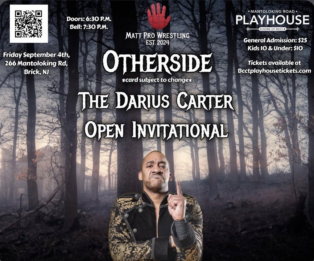 MrDariusCarter's tweet photo. ๐ WEEKEND SCHEDULE ๐
FRI, 9/4
@MattProWrestling #Otherside
๐ Mantoloking Playhouse, NJ
๐ 7:30pm
SAT, 9/5
@EnjoyWrestle Presents: #EnjoyFiveYears
The Penultimate Event
๐ @MrSmallsTheatre, PA
๐ 7pm
SUN, 9/6
@ASEWrestling #ThisIsIt
-STEEL CAGE-
๐ @BlumenthalArts, NC
๐ 5pm https://t.co/qgyZSbQ1Dr